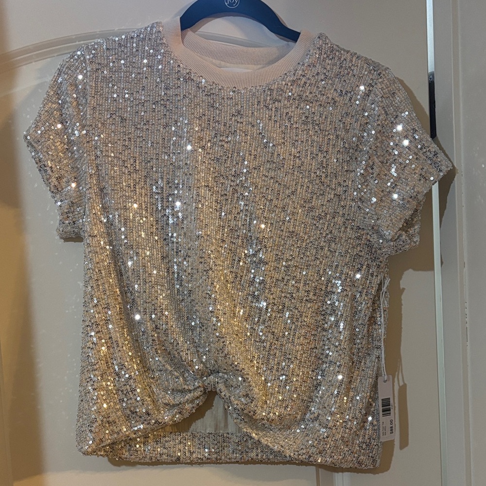 Sparkling Silver Sequin Short Sleeve Top